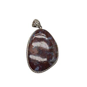 Large Polished Red Blue Moss Agate Stone Pendant With Ornate Silver Bail